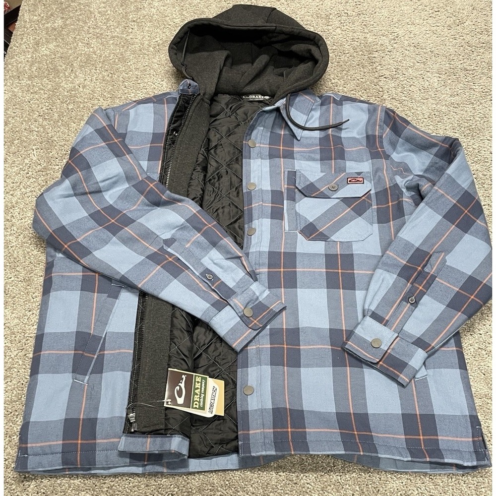 DRAKE Men's Campfire Flanne Jacket Hoodie Quilted Blue Plaid Men's 2XL NEW $90